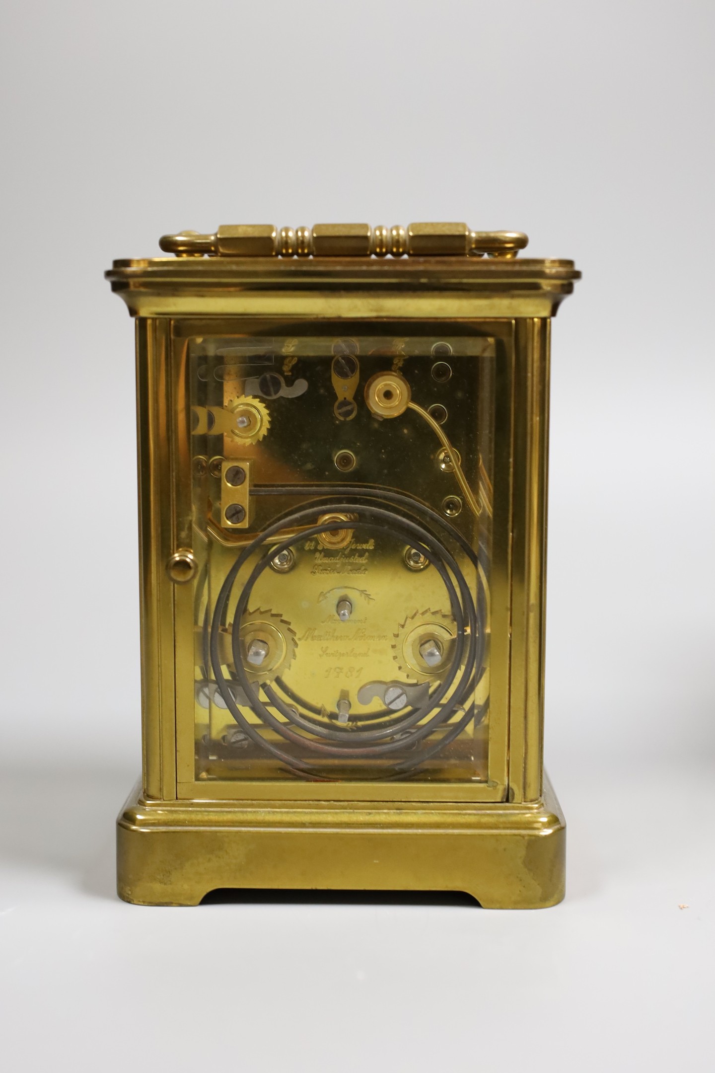 Matthew Norman brass carriage calendar clock and case, 13 cms high not including box